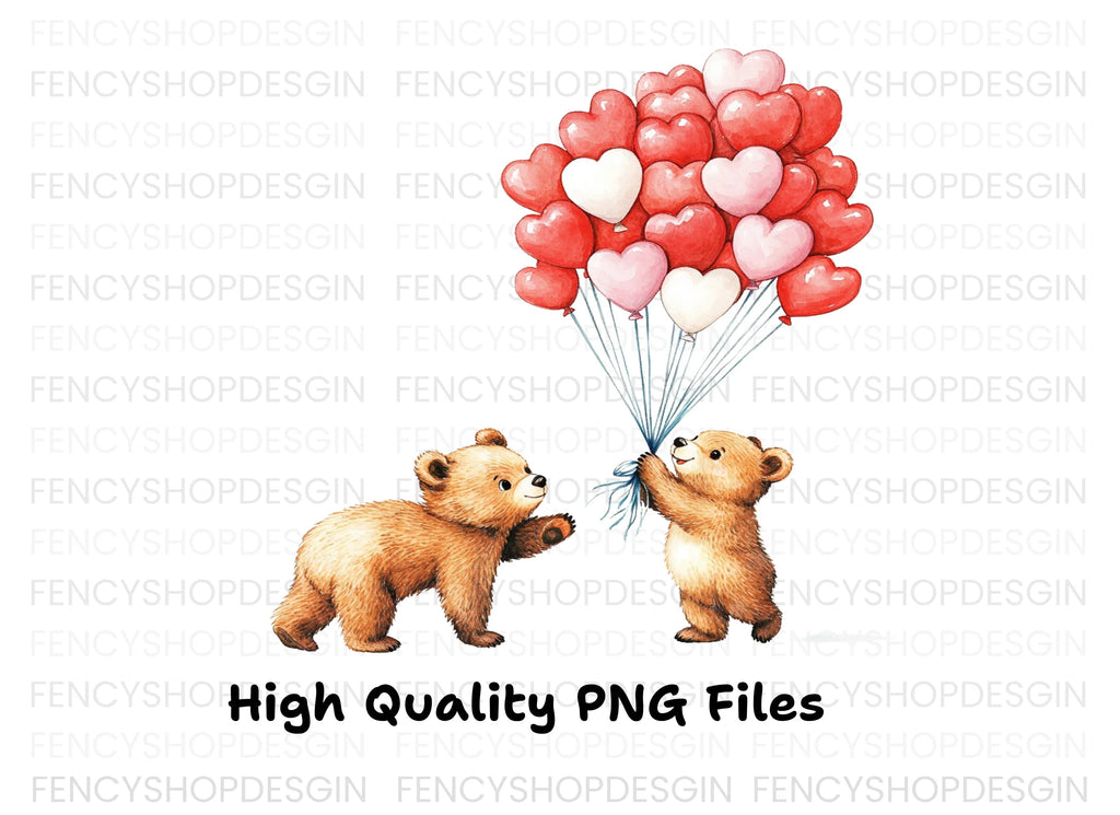 Cute Bears with Heart Balloons Clipart Bundle