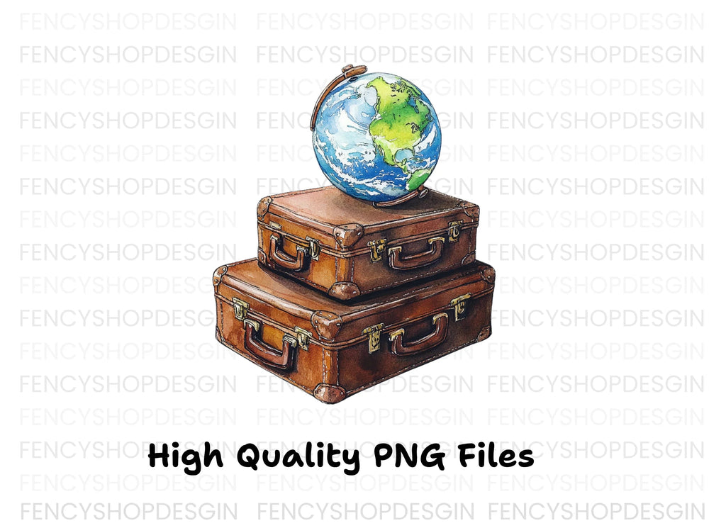 Vintage Travel Suitcases with Globe Clipart Bundle