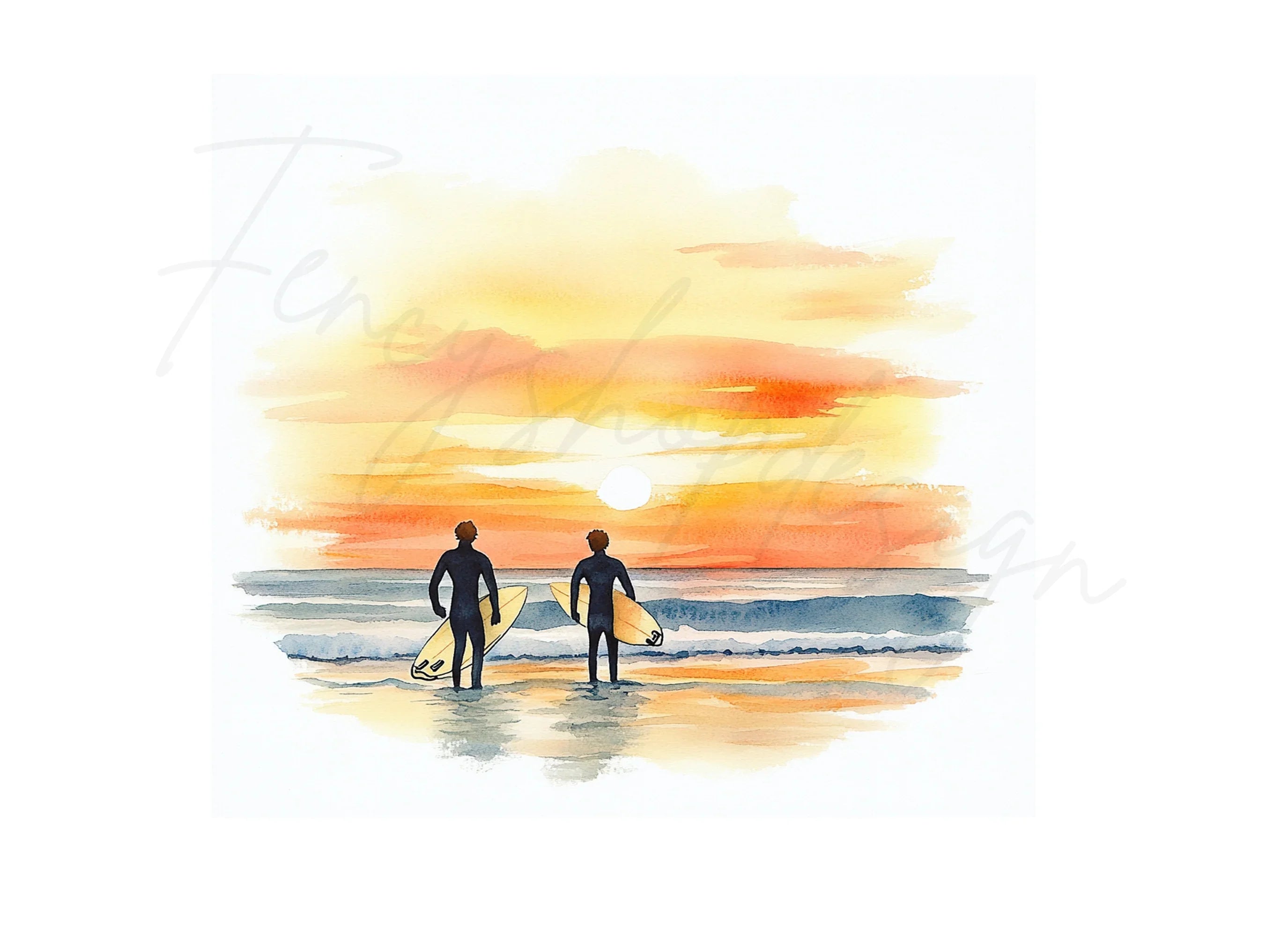 Couple Surfers Sunset Beach Clipart Bundle