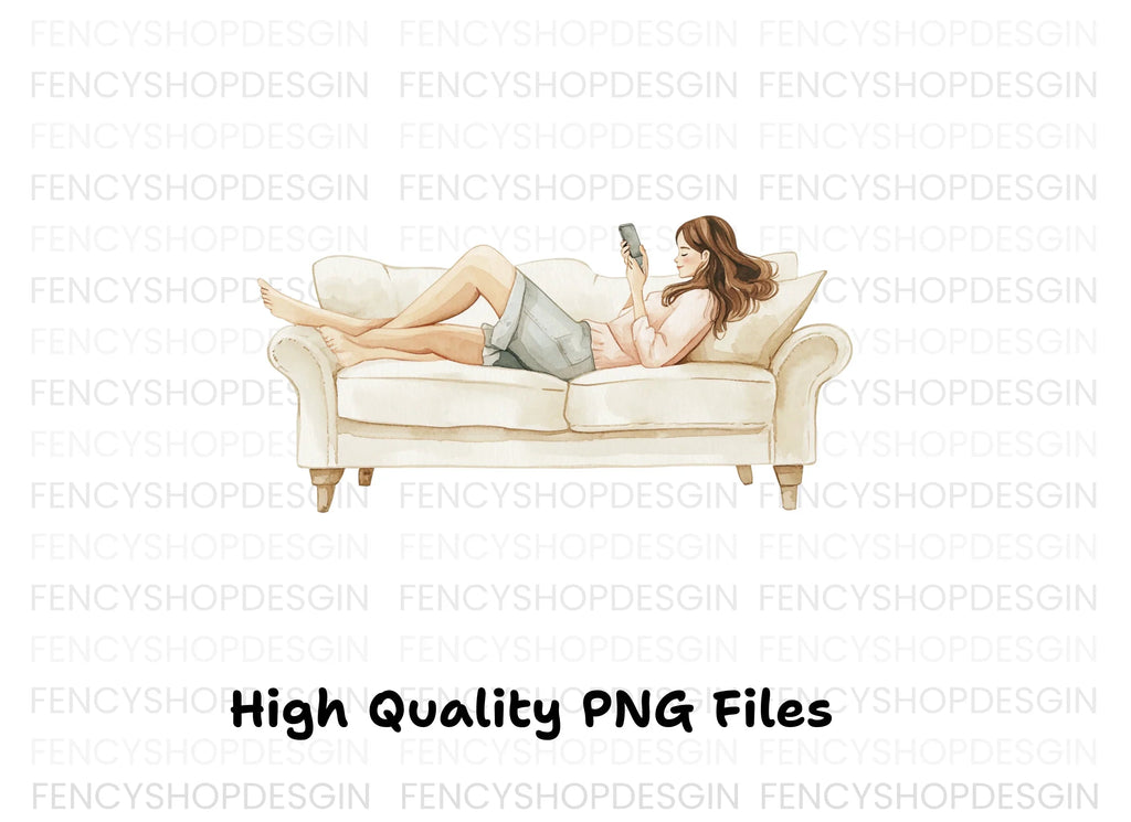 Relaxing on Sofa with Phone Clipart Bundle