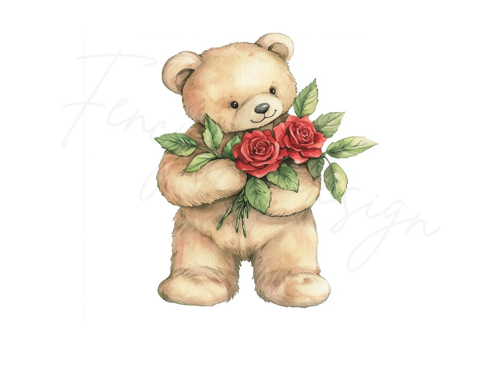 Sweet Teddy Bears with Red Roses Clipart Bundle