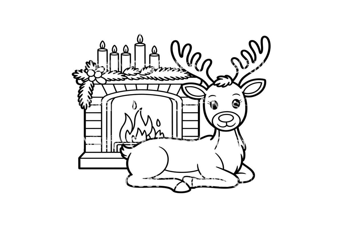 Cute Reindeer by Fireplace Coloring Books