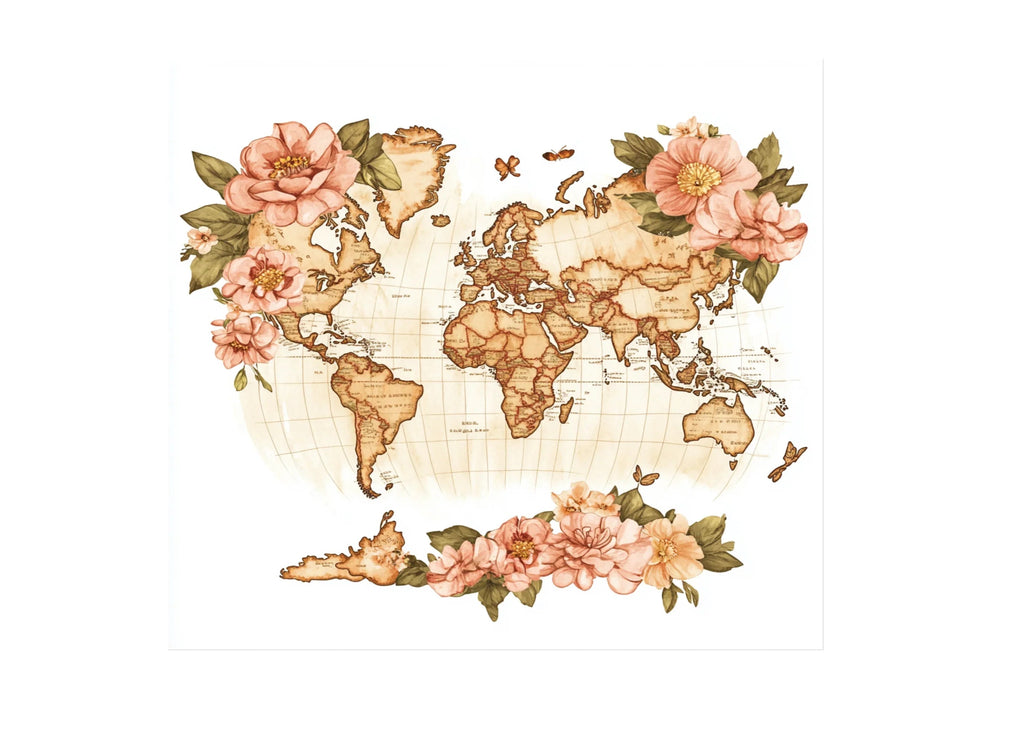 Boho Floral World Map Graphics Clipart Bundle