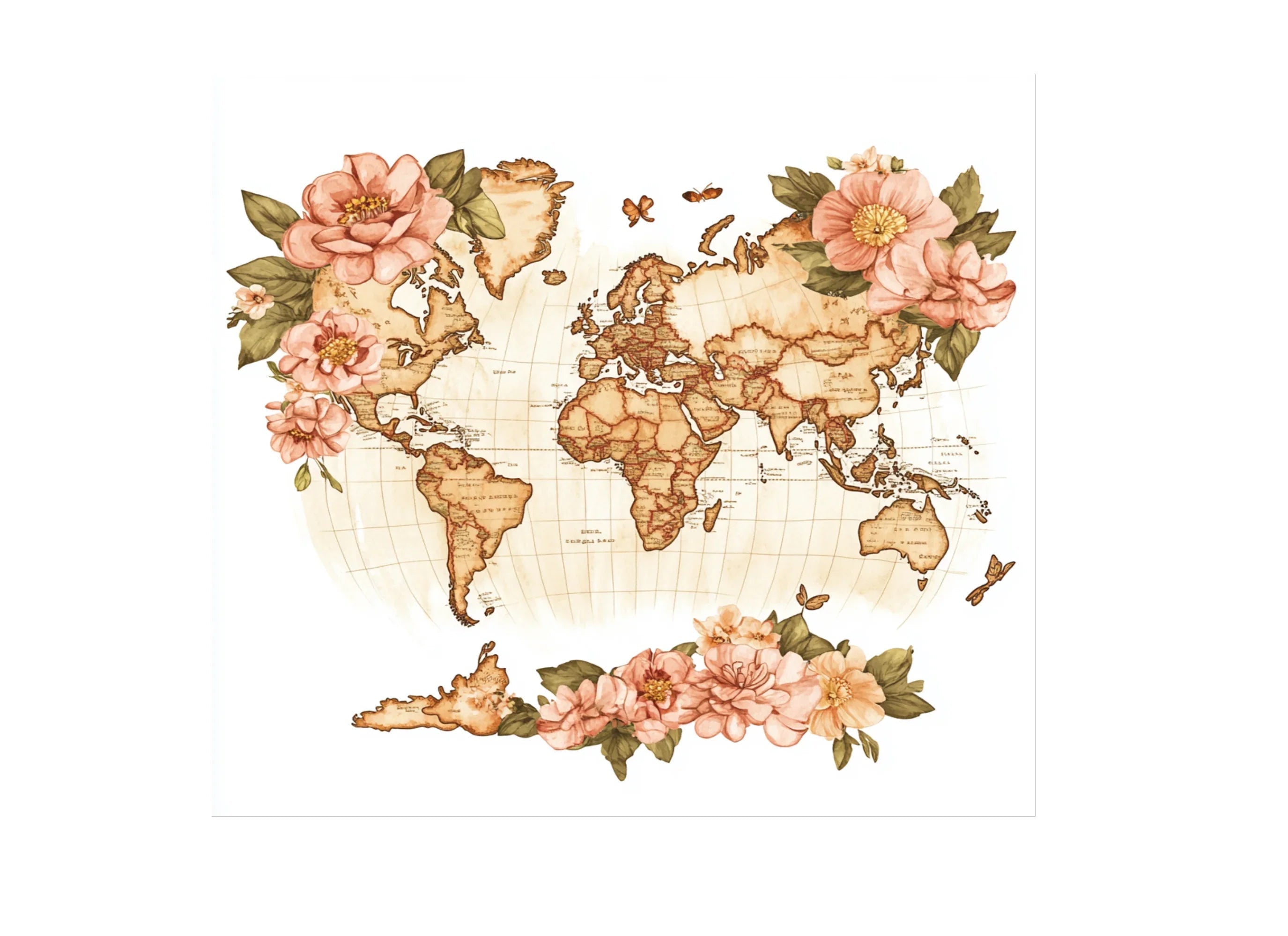Boho Floral World Map Graphics Clipart Bundle