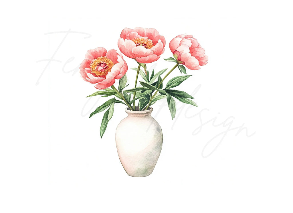 Pink Peonies in White Vase Clipart Bundle