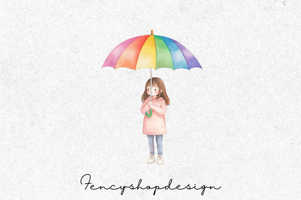Cute Girls with Rainbow Umbrellas Clipart Bundle