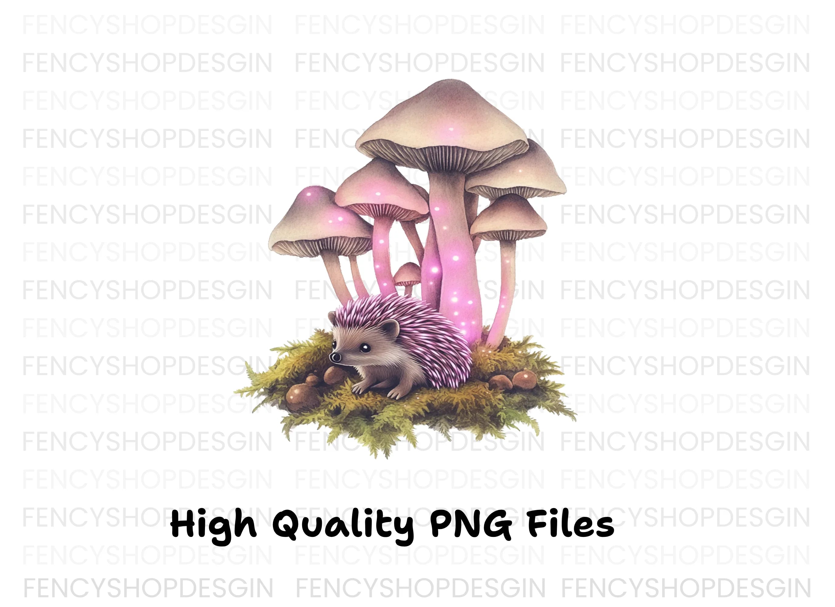 Fantasy Hedgehogs with Pink Mushrooms Clipart Bundle