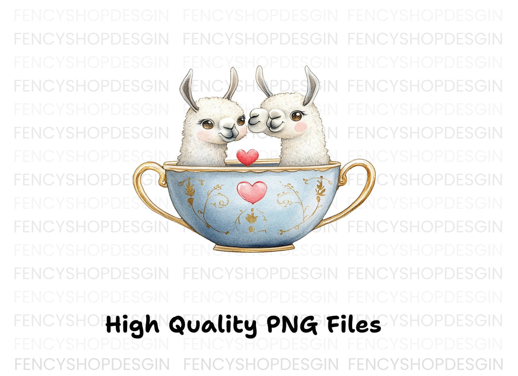 Cute Llama Couple in Teacups Clipart Bundle