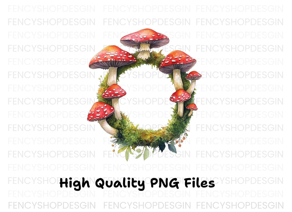 Amanita Mushroom Mossy Wreath Clipart Bundle