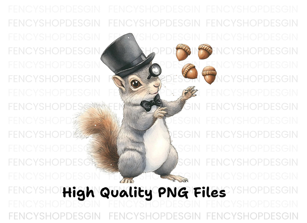 Squirrel with Top Hat and Acorns Clipart Bundle
