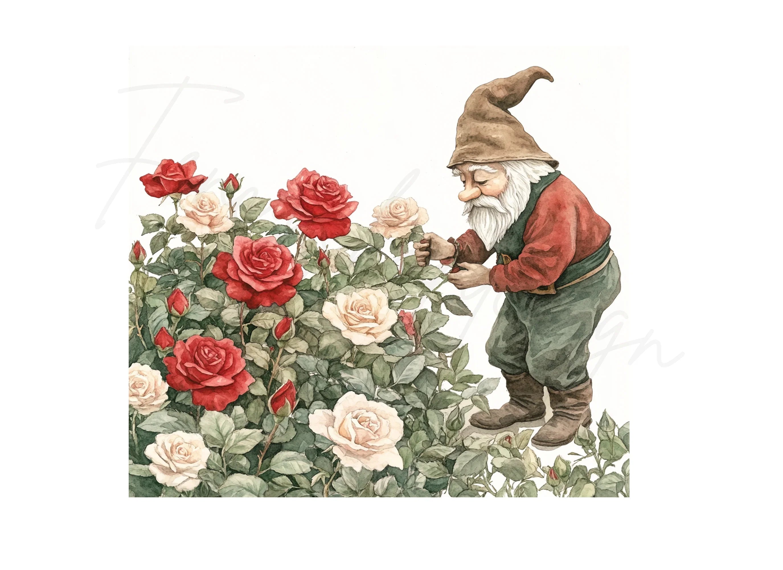 Garden Gnomes Tending Rose Bushes Clipart Bundle