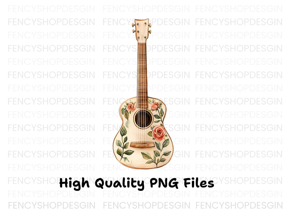 Rose Decorated Acoustic Guitar Clipart Bundle