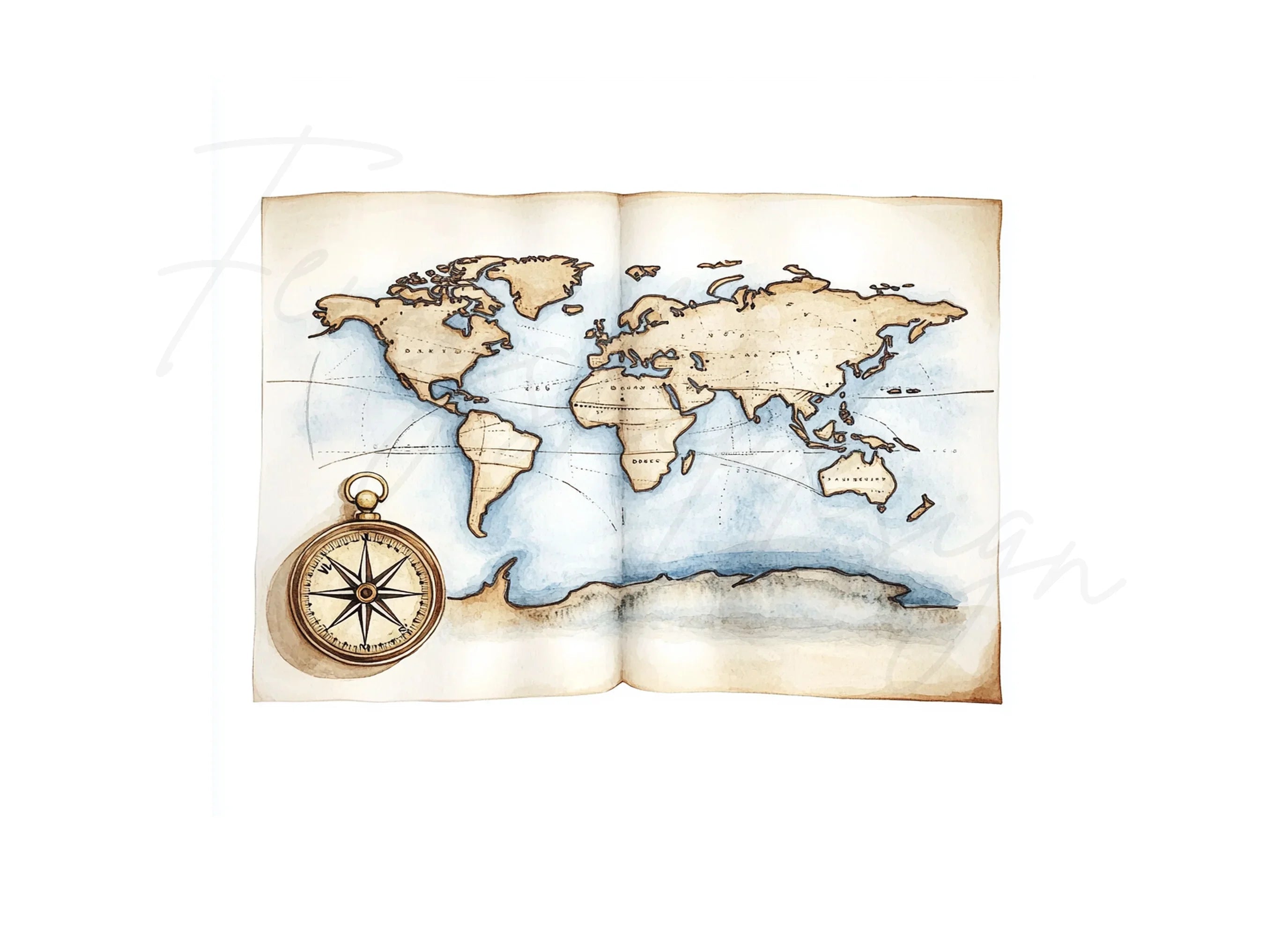 Vintage World Map Compass Clipart Bundle