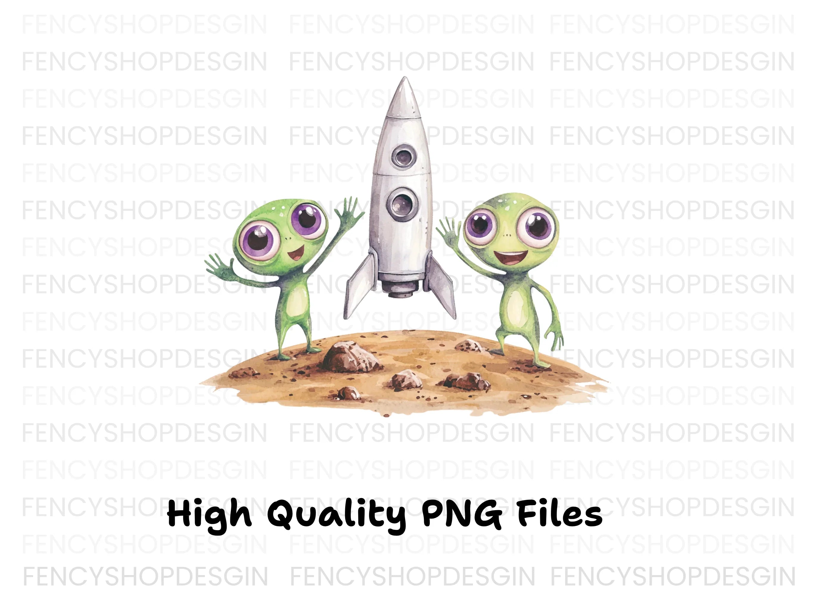 Cute Aliens and Rocket Ship Clipart Bundle