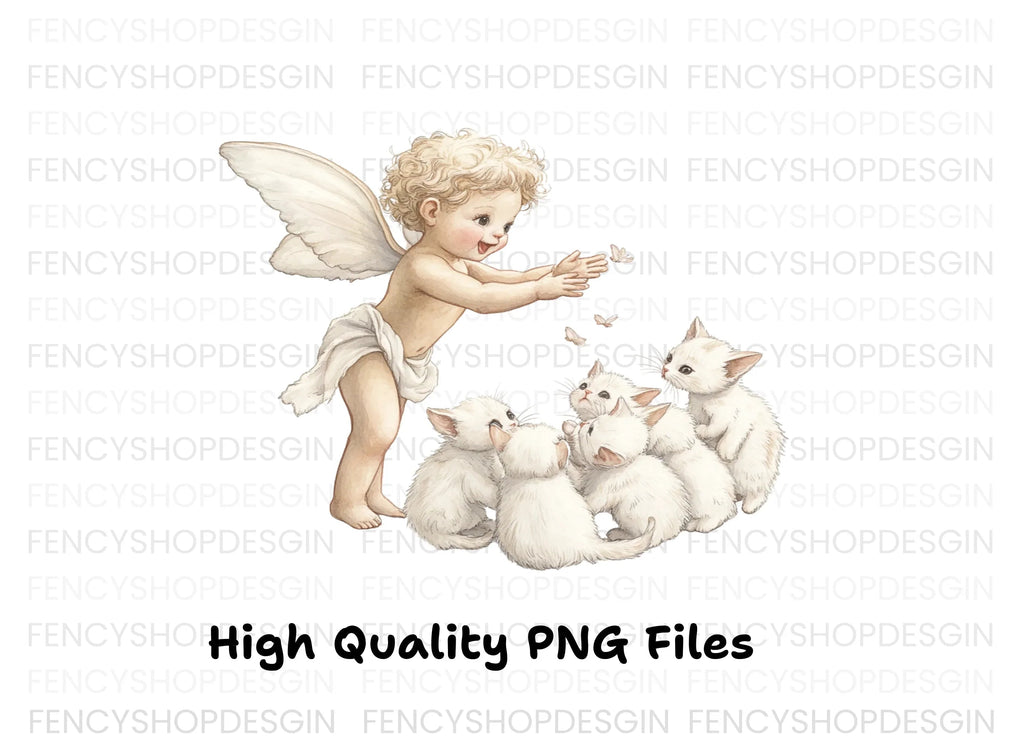 Cute Angel Baby Playing with Kittens Clipart Bundle
