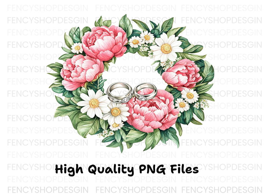 Pink Peony and Daisy Wedding Wreath Clipart Bundle
