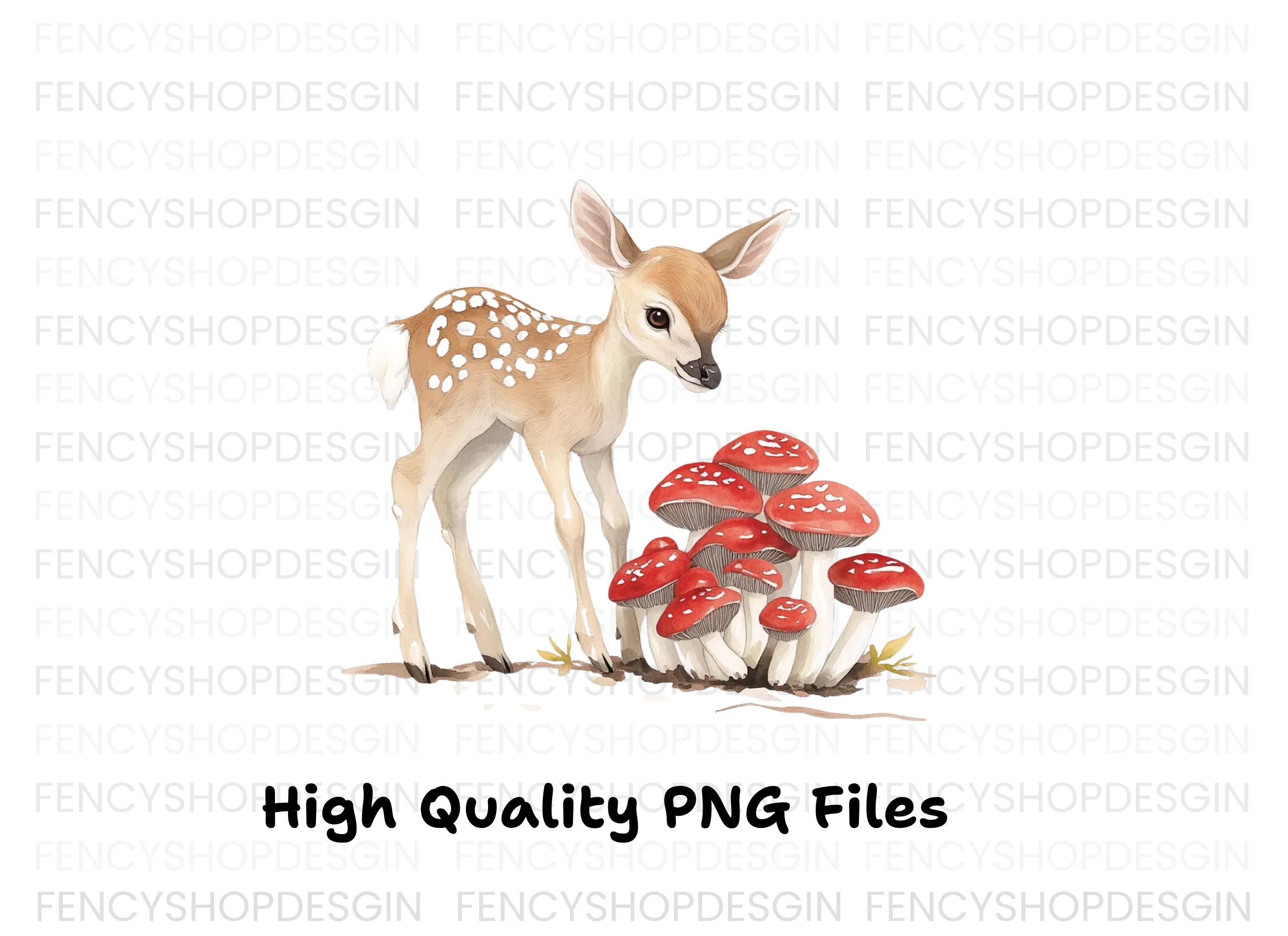 Baby Deer and Red Mushrooms Clipart Bundle
