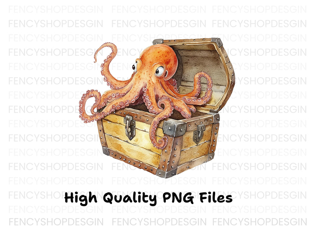 Cute Octopus in Treasure Chest Clipart Bundle