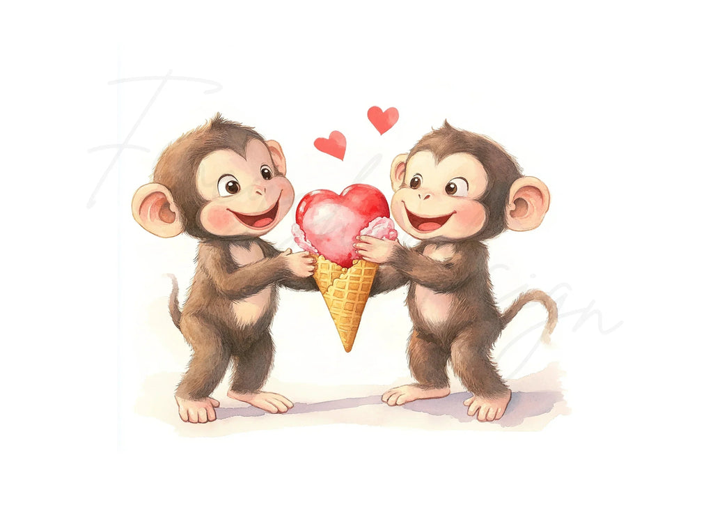 Cute Monkeys Sharing Heart Ice Cream Clipart Bundle