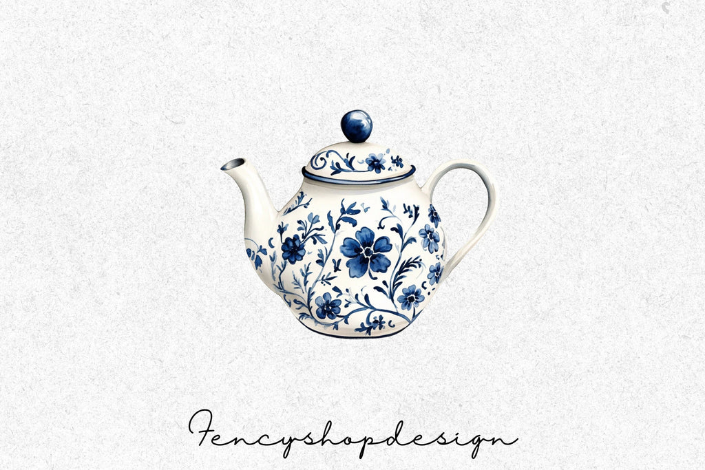 Blue White Floral Teapot Clipart Bundle