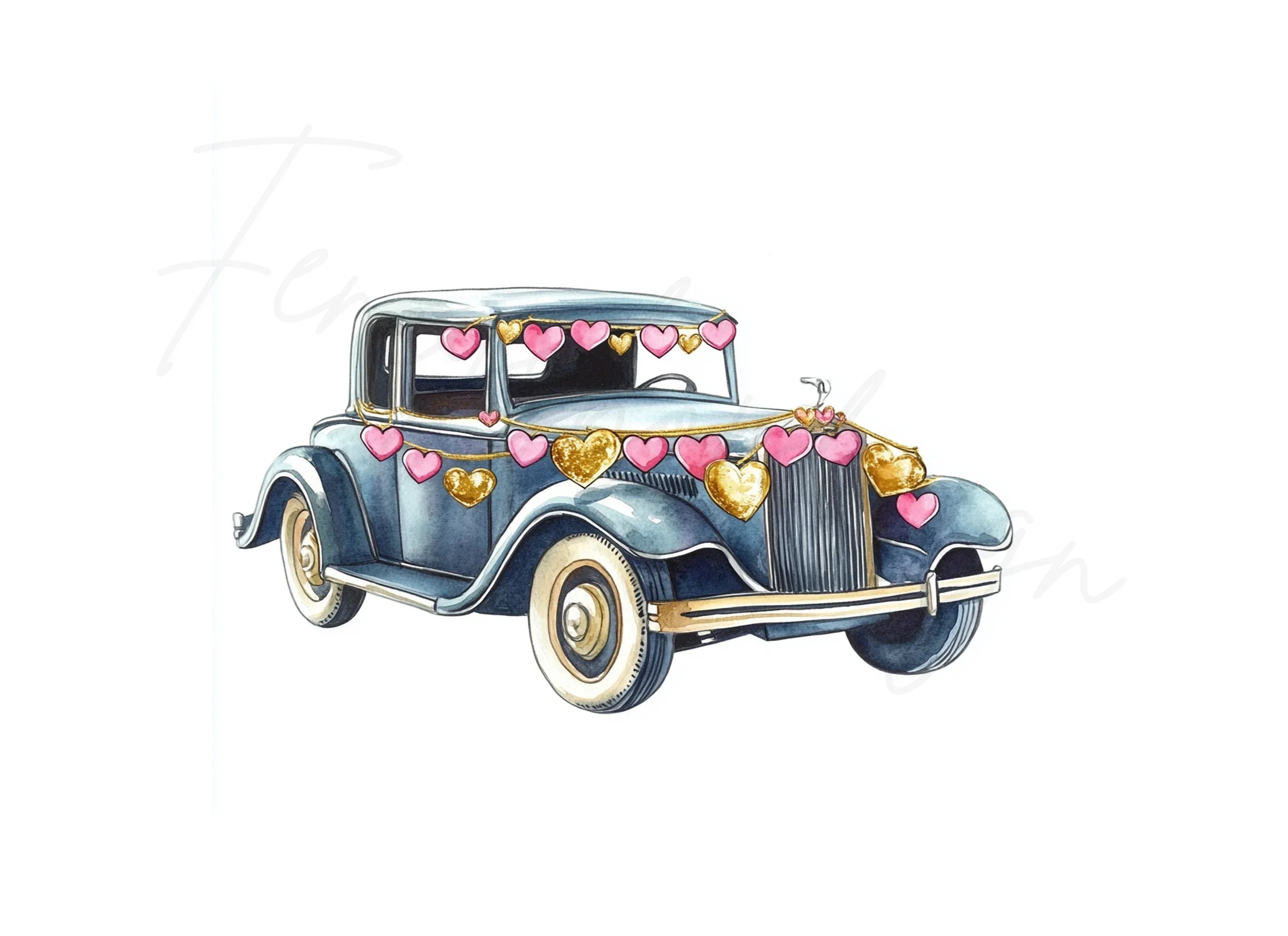 Vintage Cars with Heart Garlands Clipart Bundle