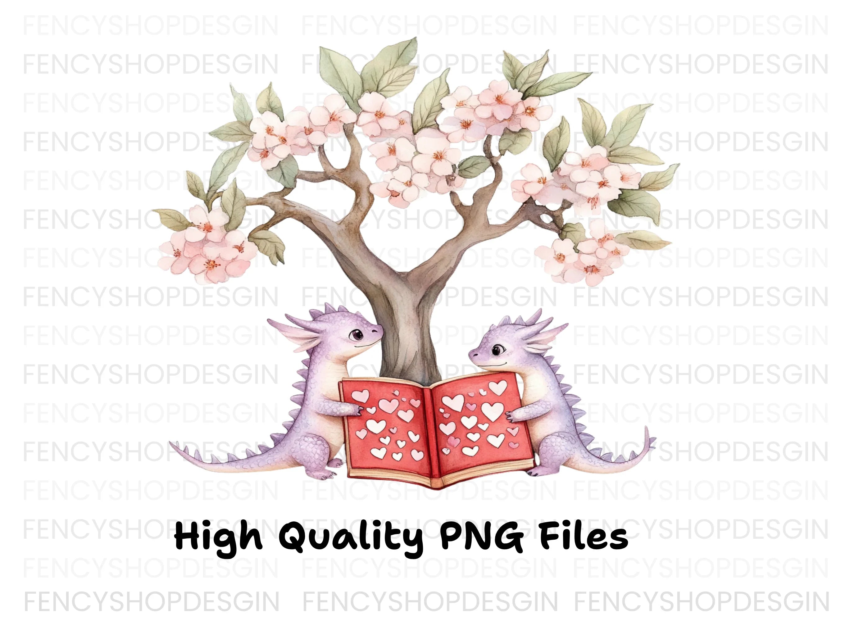Cute Dragons Reading Under Cherry Tree Clipart Bundle