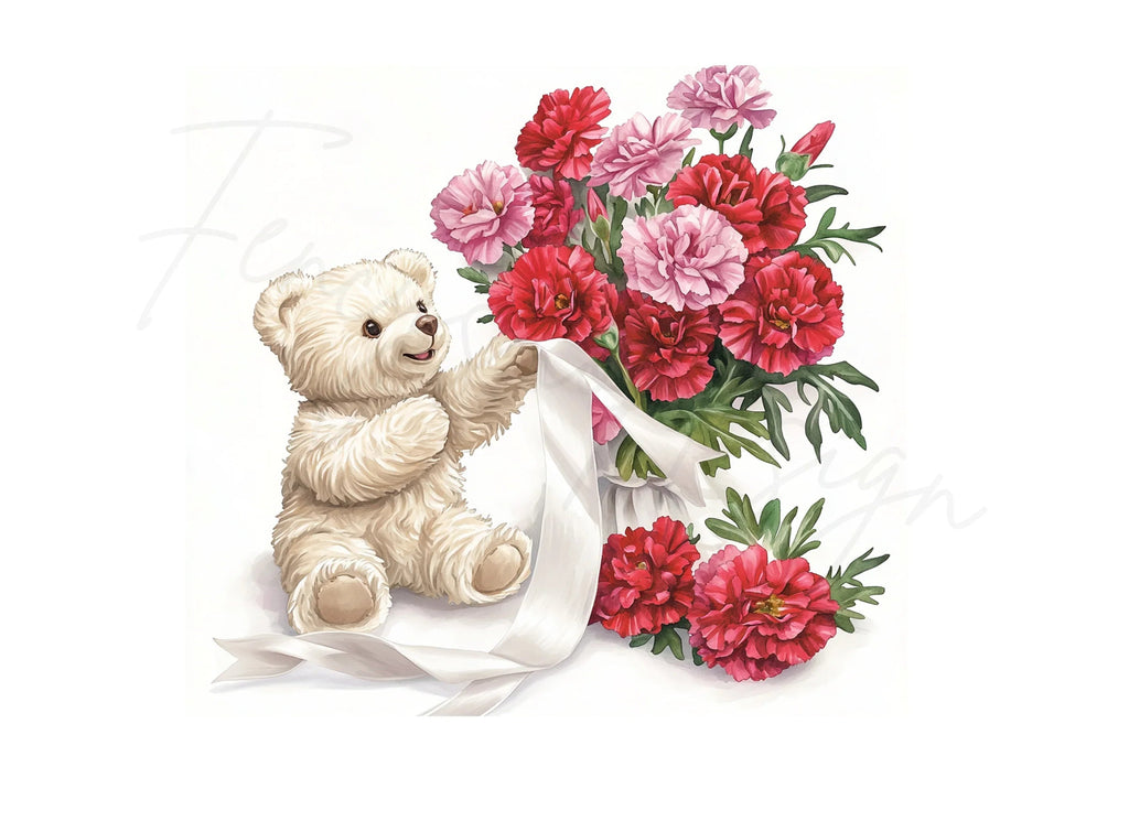 Cute Teddy Bears with Carnation Bouquets Clipart Bundle
