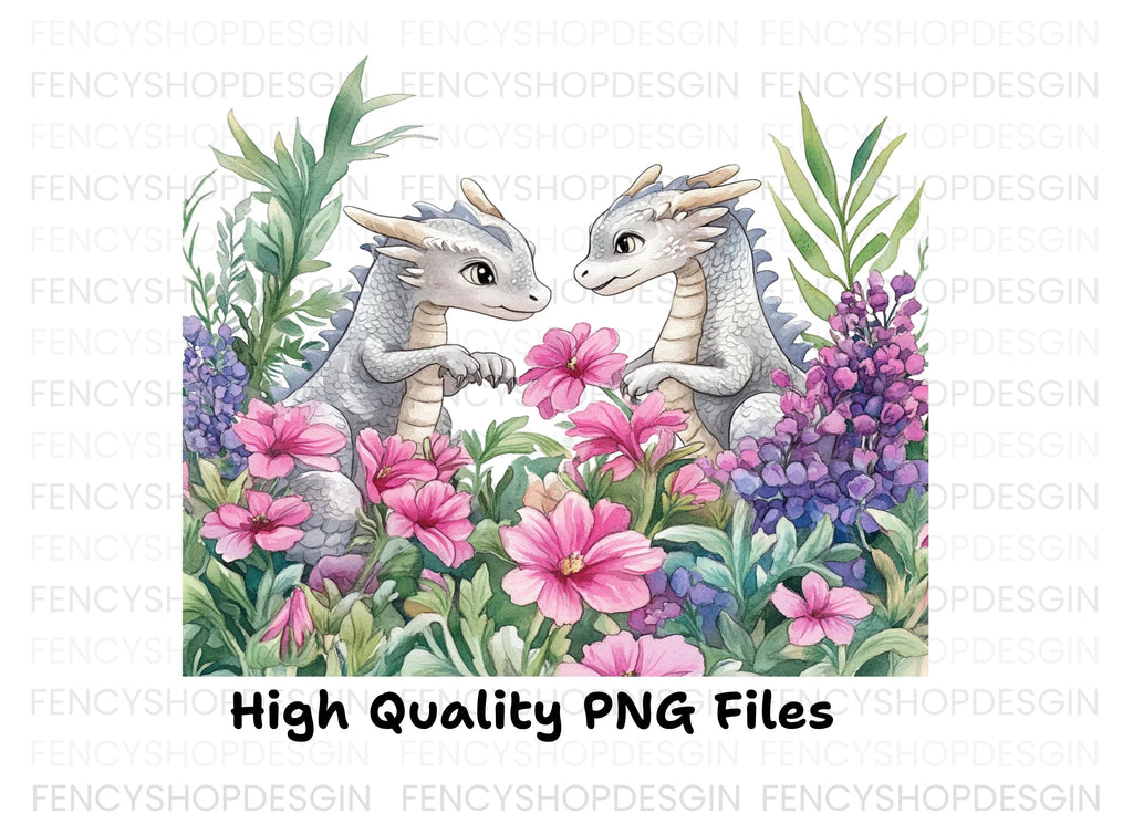 Cute Baby Dragons in Flower Garden Clipart Bundle