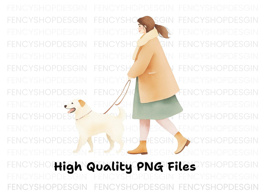Woman Walking Dog Illustration Clipart Bundle