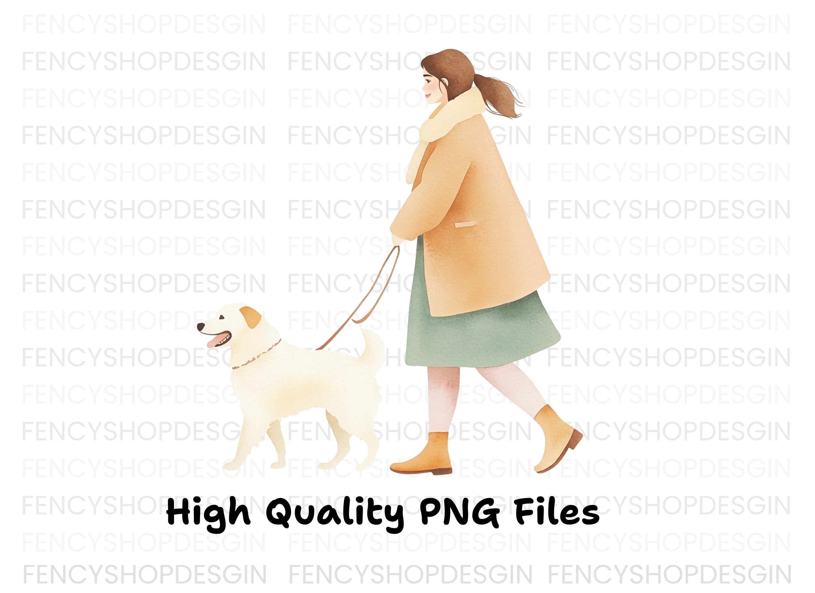 Woman Walking Dog Illustration Clipart Bundle