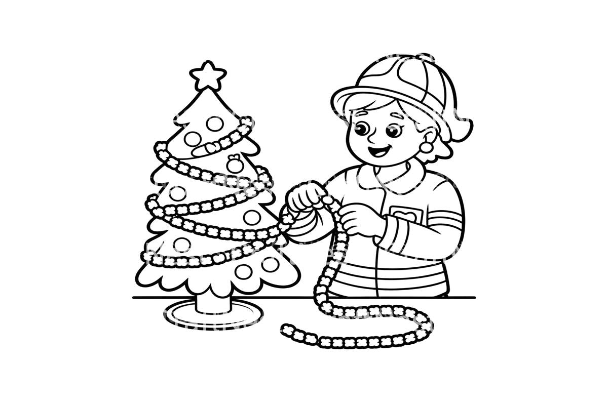 Firefighter Decorating Christmas Tree Coloring Books