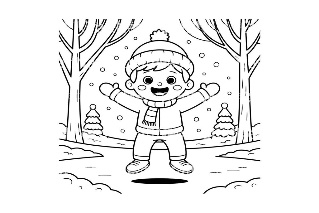 Happy Boy in Winter Forest Coloring Books