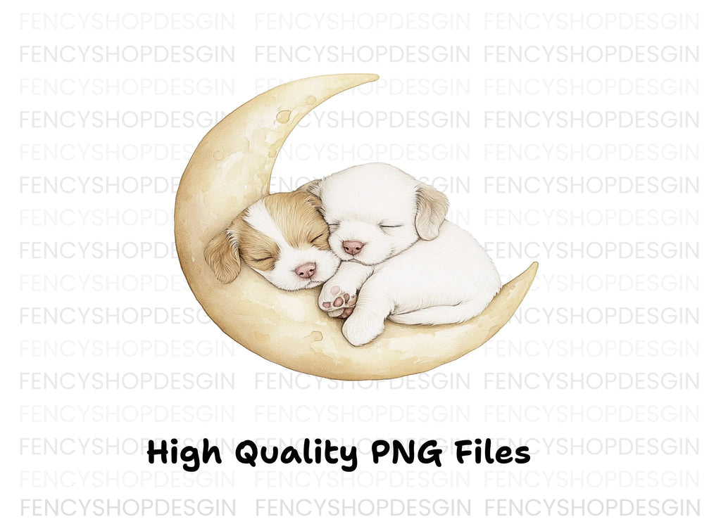 Sleeping Puppies on Moon Clipart Bundle