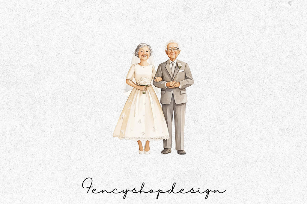 Sweet Elderly Couple Wedding Love Clipart Bundle