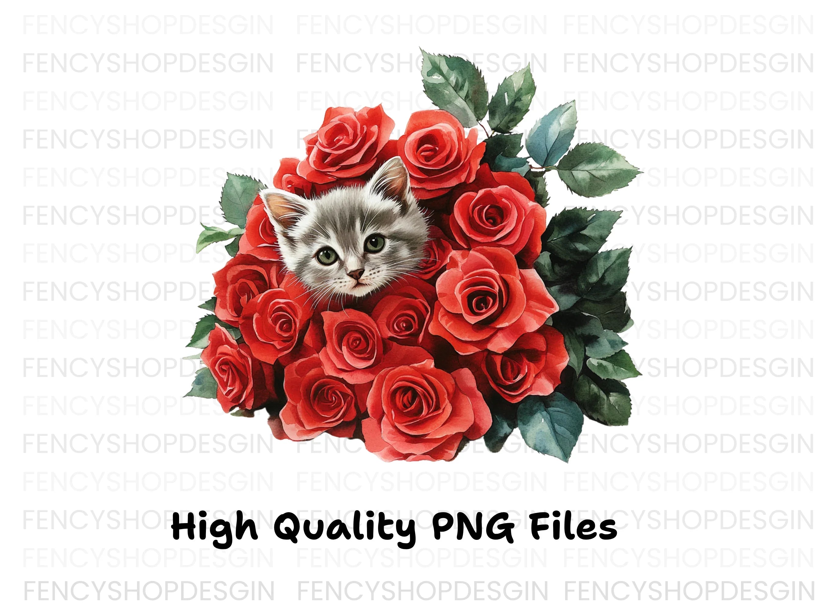 Cute Kitten and Red Roses Clipart Bundle