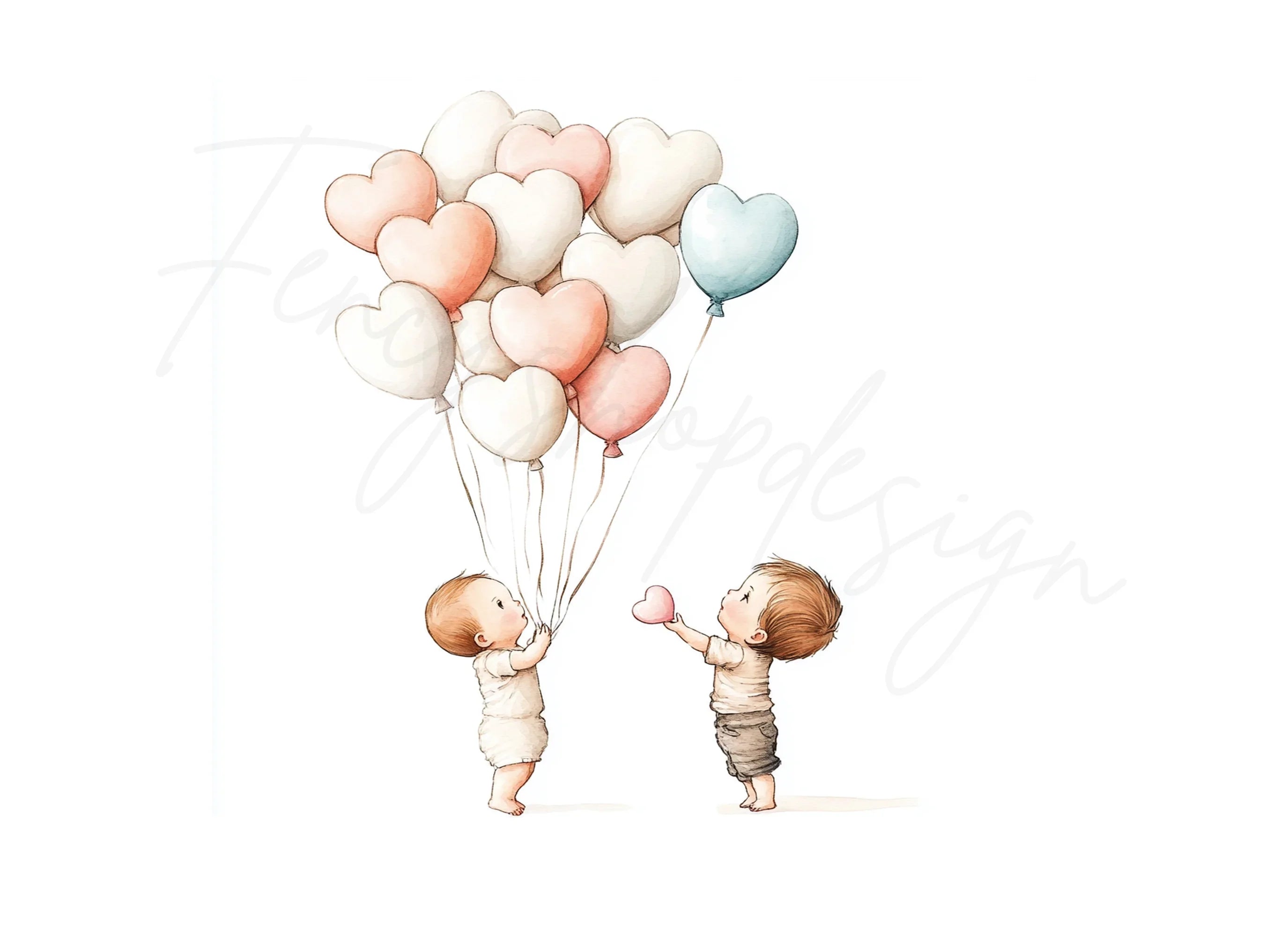 Cute Babies with Heart Balloons Clipart Bundle