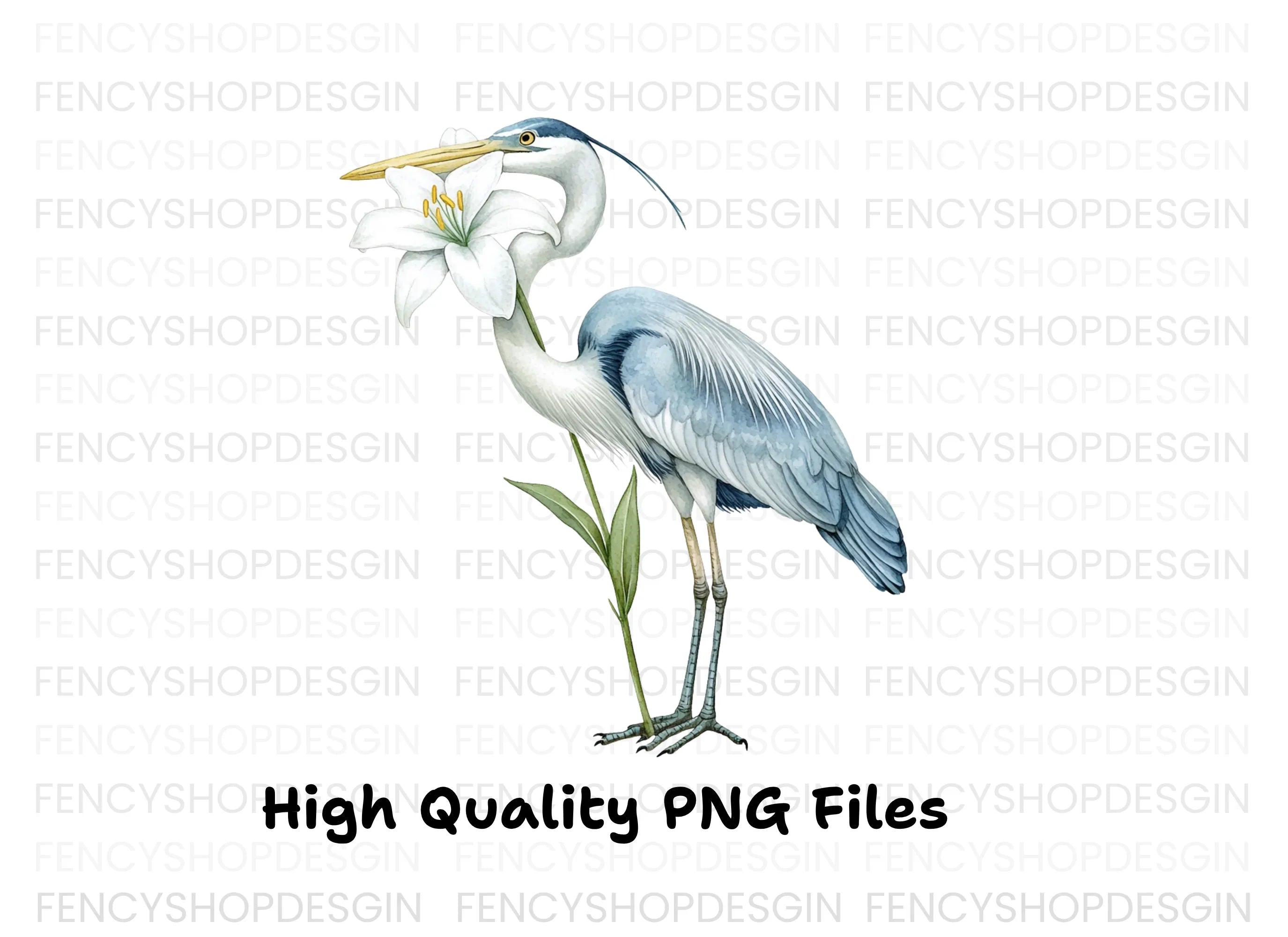 Heron with White Lily Flower Clipart Bundle