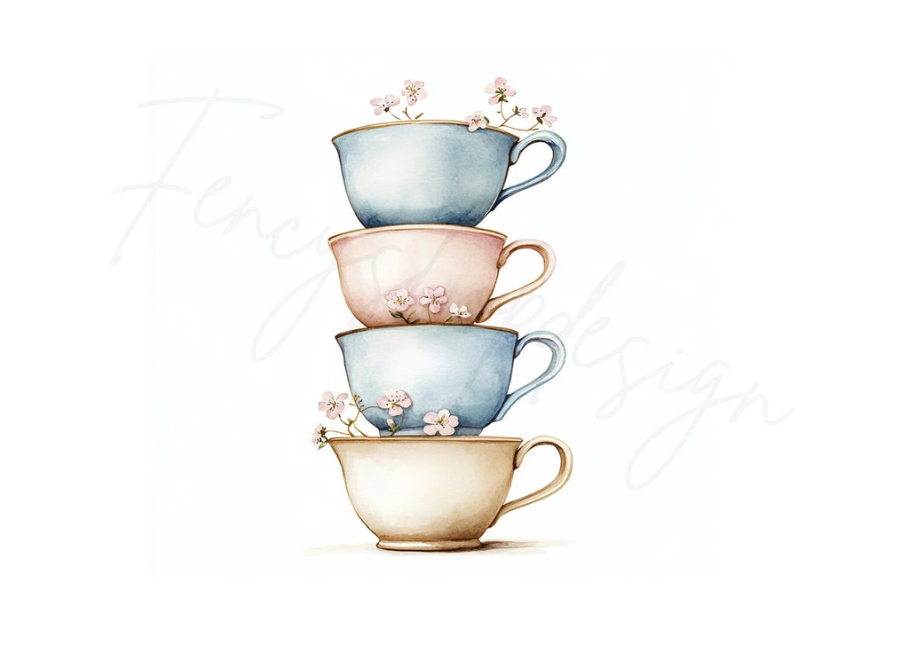 Stacked Pastel Teacups Clipart Bundle