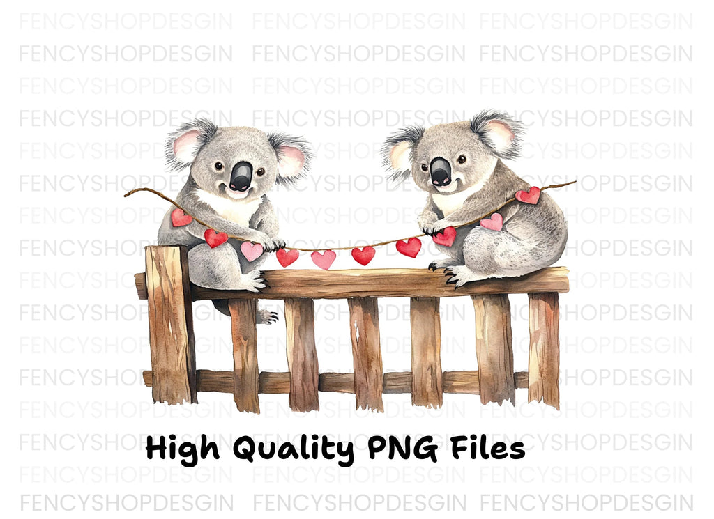 Koalas on Fence with Heart Garland Clipart Bundle