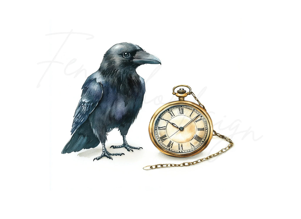 Mystical Raven and Pocket Watch Clipart Bundle