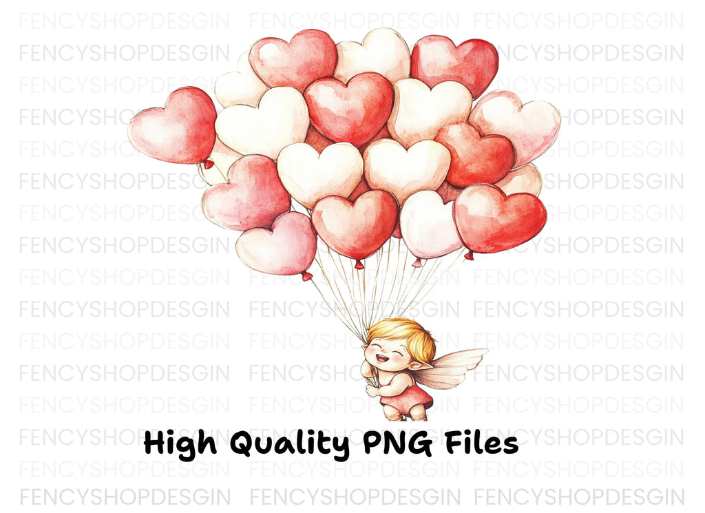 Cute Cupid with Heart Balloons Clipart Bundle