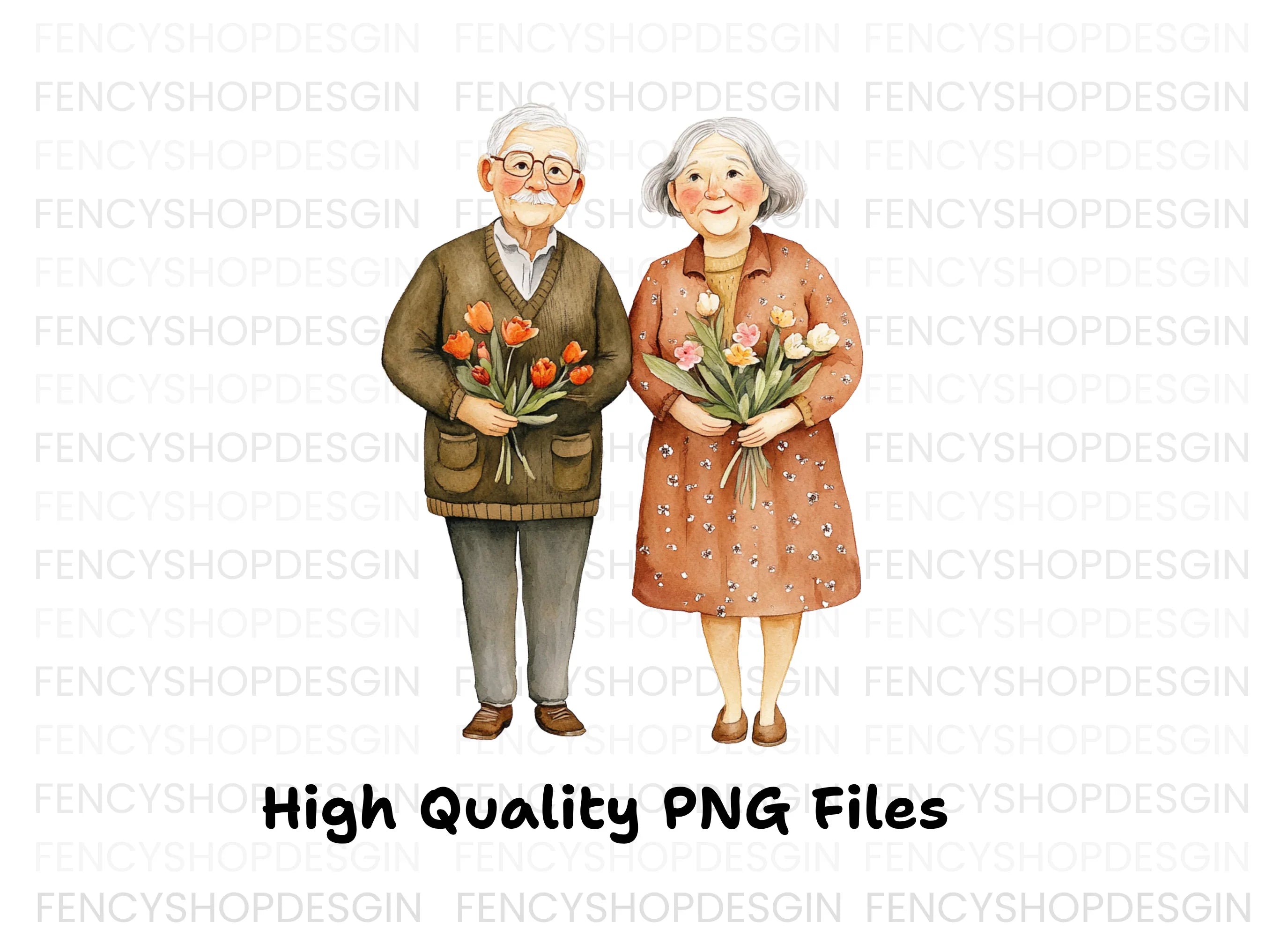 Elderly Couples with Flowers Clipart Bundle
