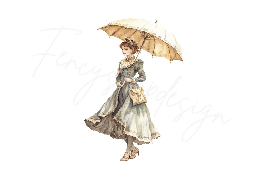 Vintage Lady With Umbrella Clipart Bundle