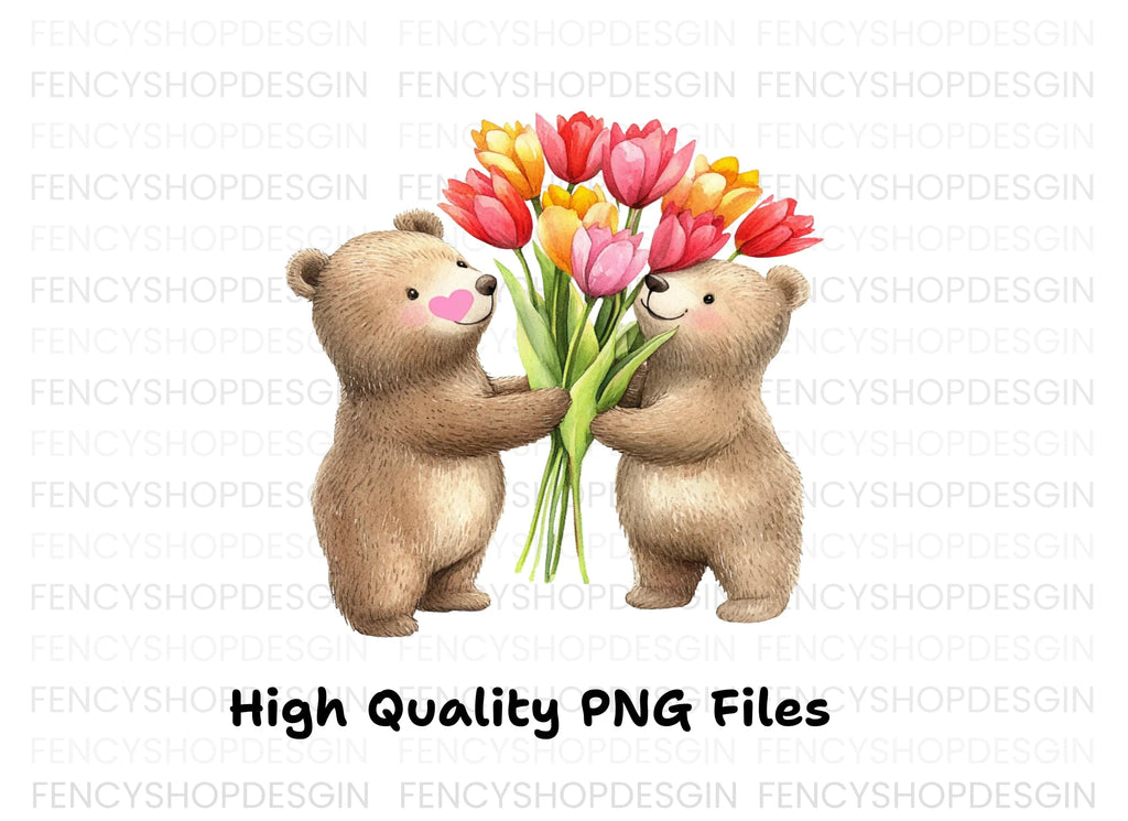 Teddy Bears with Tulip Bouquets Clipart Bundle