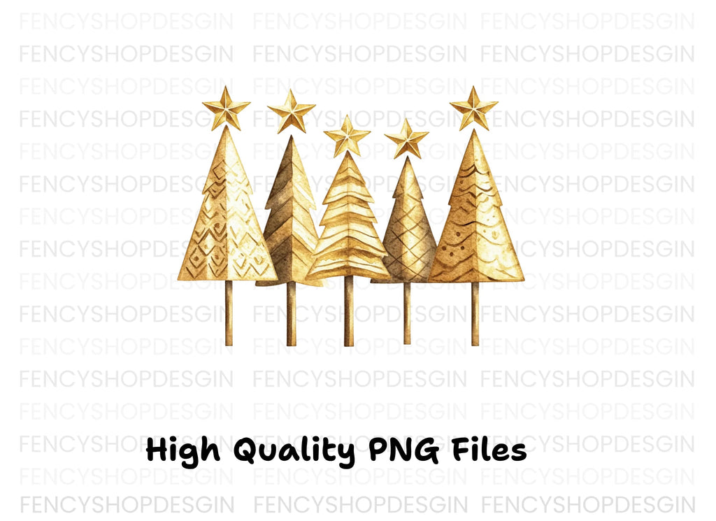 Golden Christmas Trees Clipart Bundle