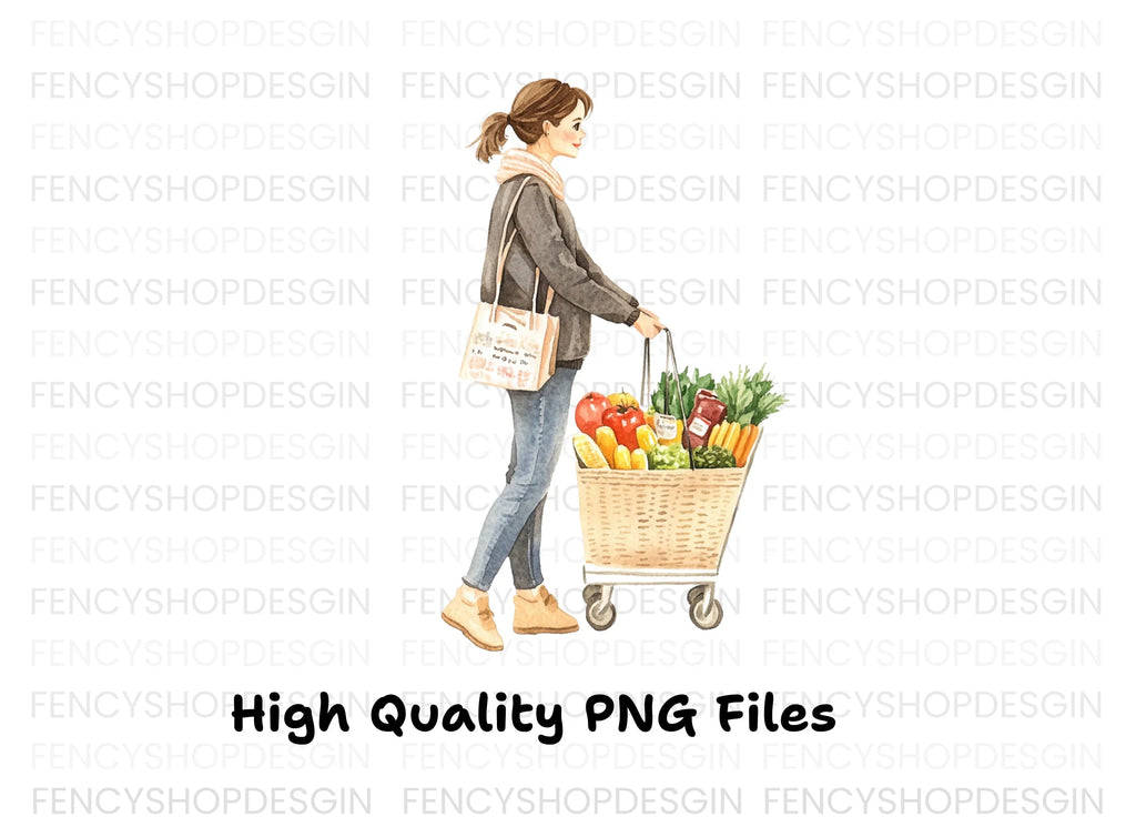 Woman Shopping with Grocery Cart Clipart Bundle