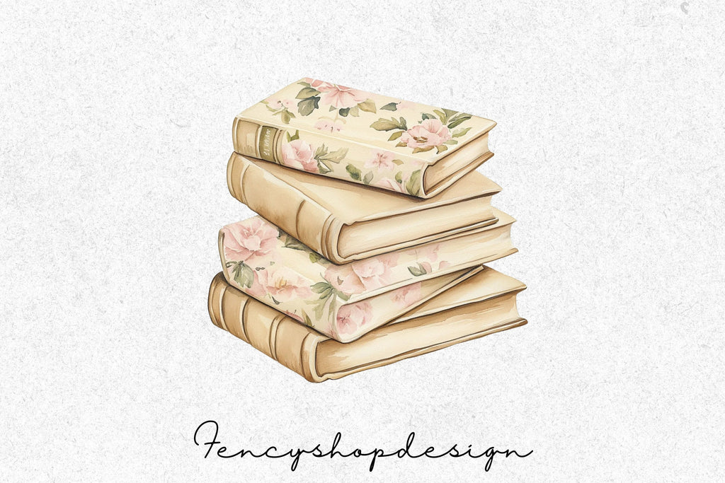 Vintage Floral Books Stack Clipart Bundle