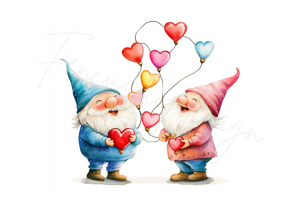 Happy Gnomes with Heart String Lights Clipart Bundle
