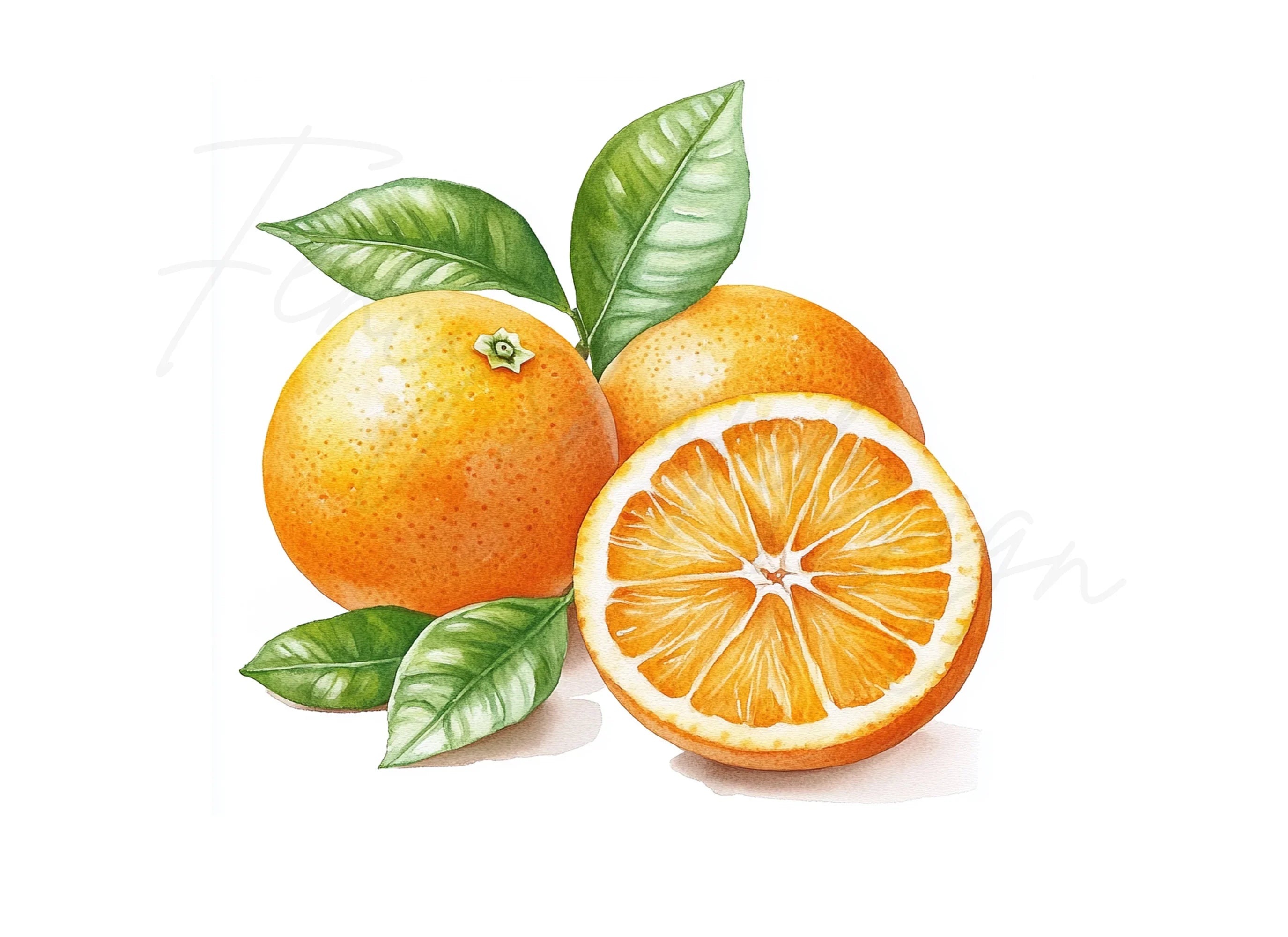 Whole and Sliced Oranges with Leaves Clipart Bundle