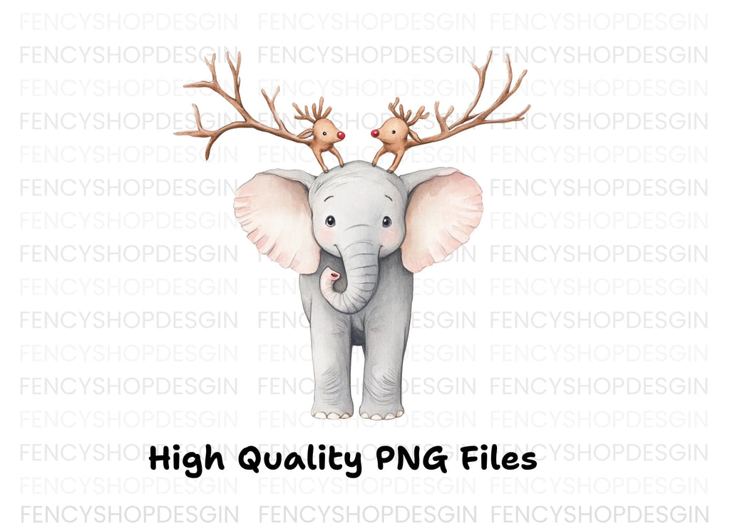 Cute Elephant with Reindeer Antlers Clipart Bundle